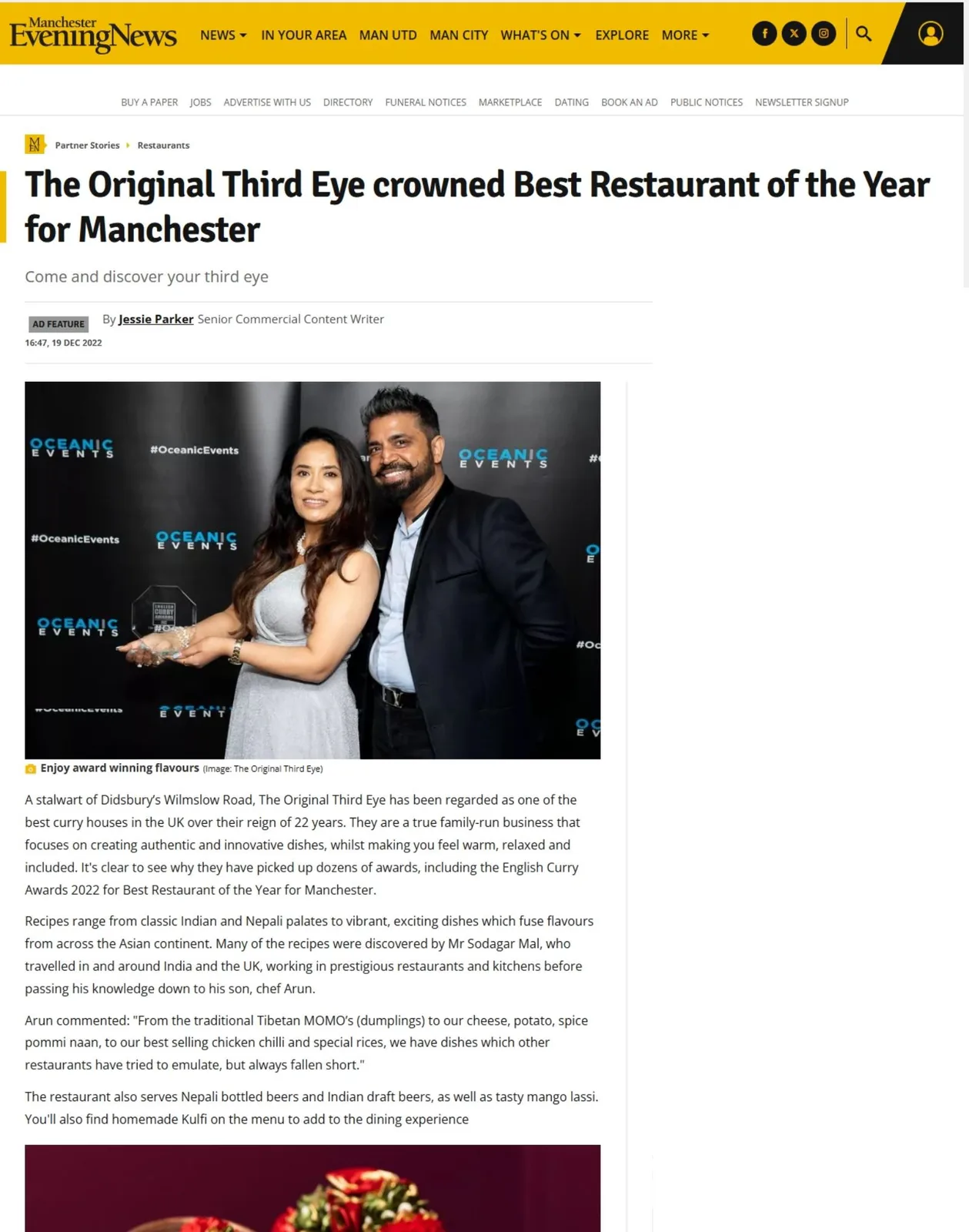 Manchester Evening News: The Original Third Eye crowned Best Restaurant of the Year